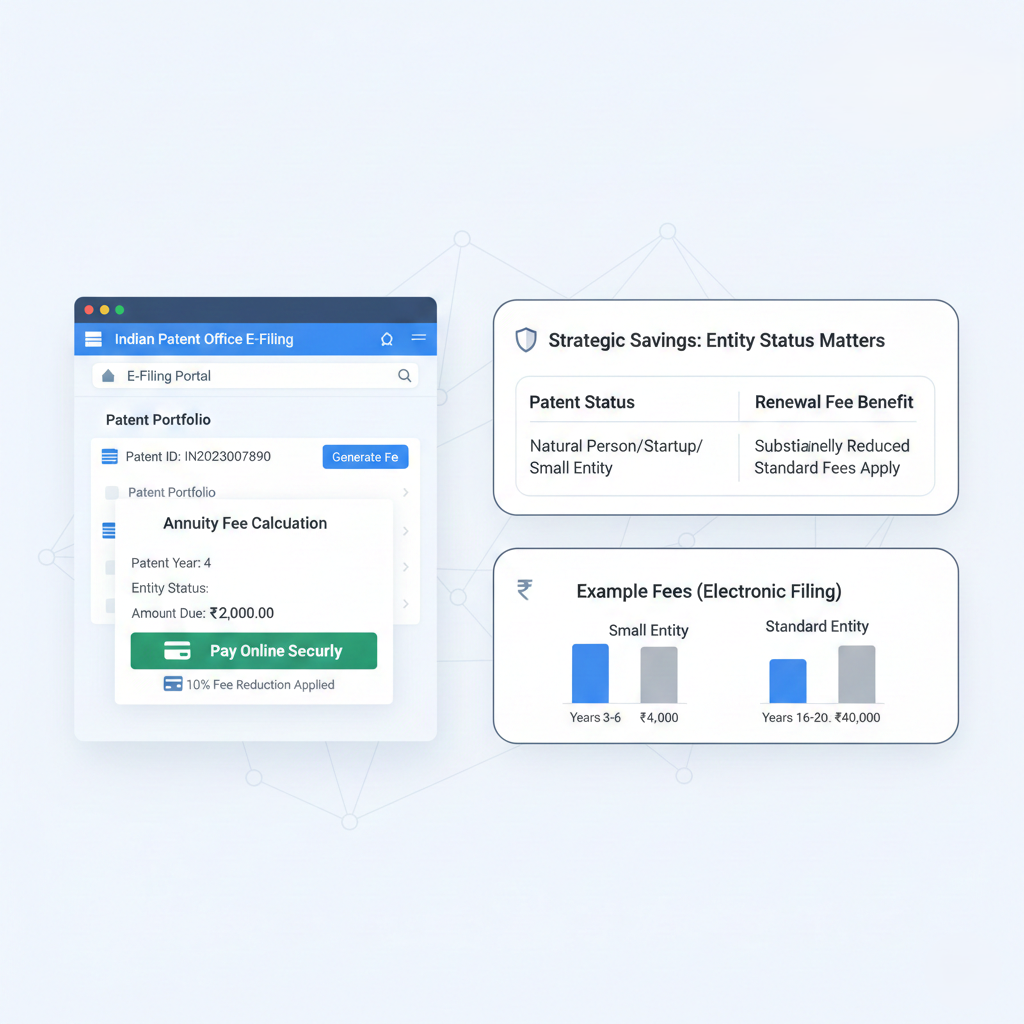 Indian patent renewal process with online e-filing portal, annuity fee calculation, entity status savings, and renewal fee comparison for small and standard entities.