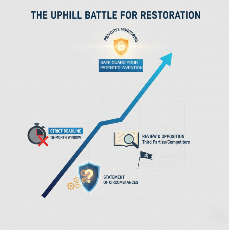 Infographic showing patent restoration process with deadlines and opposition.