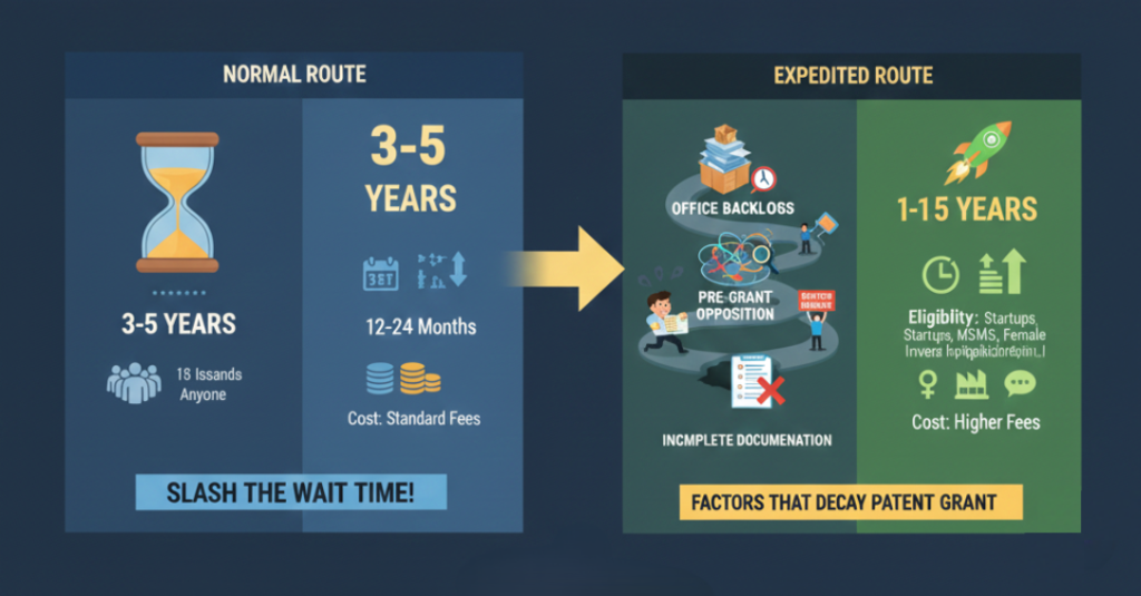 Patent timeline infographic showing the transition from a 3-5 year "Normal Route" to a 1-1.5 year "Expedited Route" for startups, MSMEs, and female inventors.