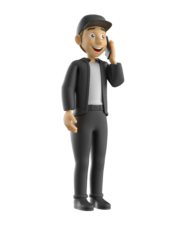 A 3D cartoon character on a phone call next to a contact form for a free consultation on patent validity and invalidity search services in India.