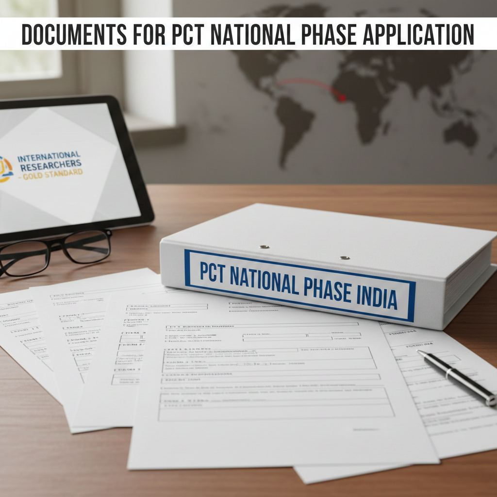 A binder labeled 'PCT National Phase India' on a desk with patent application forms, a laptop, and a world map, outlining requirements for international patent entry into India.