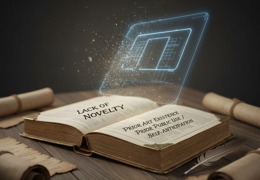 Infographic explaining Patent Novelty, Prior Art, and Public Use.
