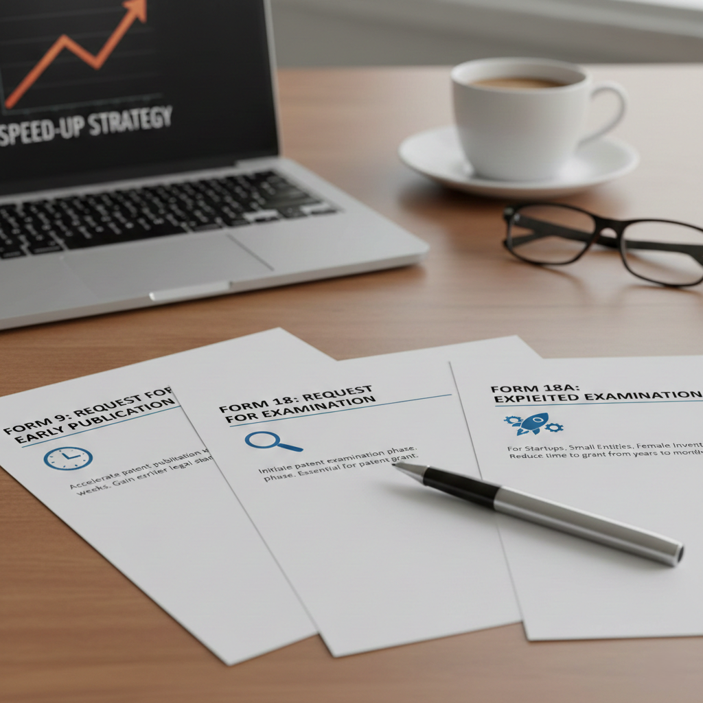 Comparison of Indian Patent Office forms 9, 18, and 18A on an office desk, illustrating strategies for early publication and fast-track patent examination.