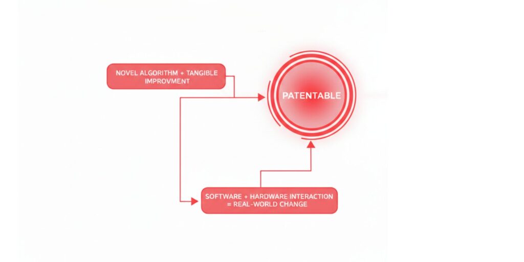 A flowchart illustrating patentability requirements for software, showing that novel algorithms with tangible improvements and software-hardware interactions leading to real-world change are patentable.