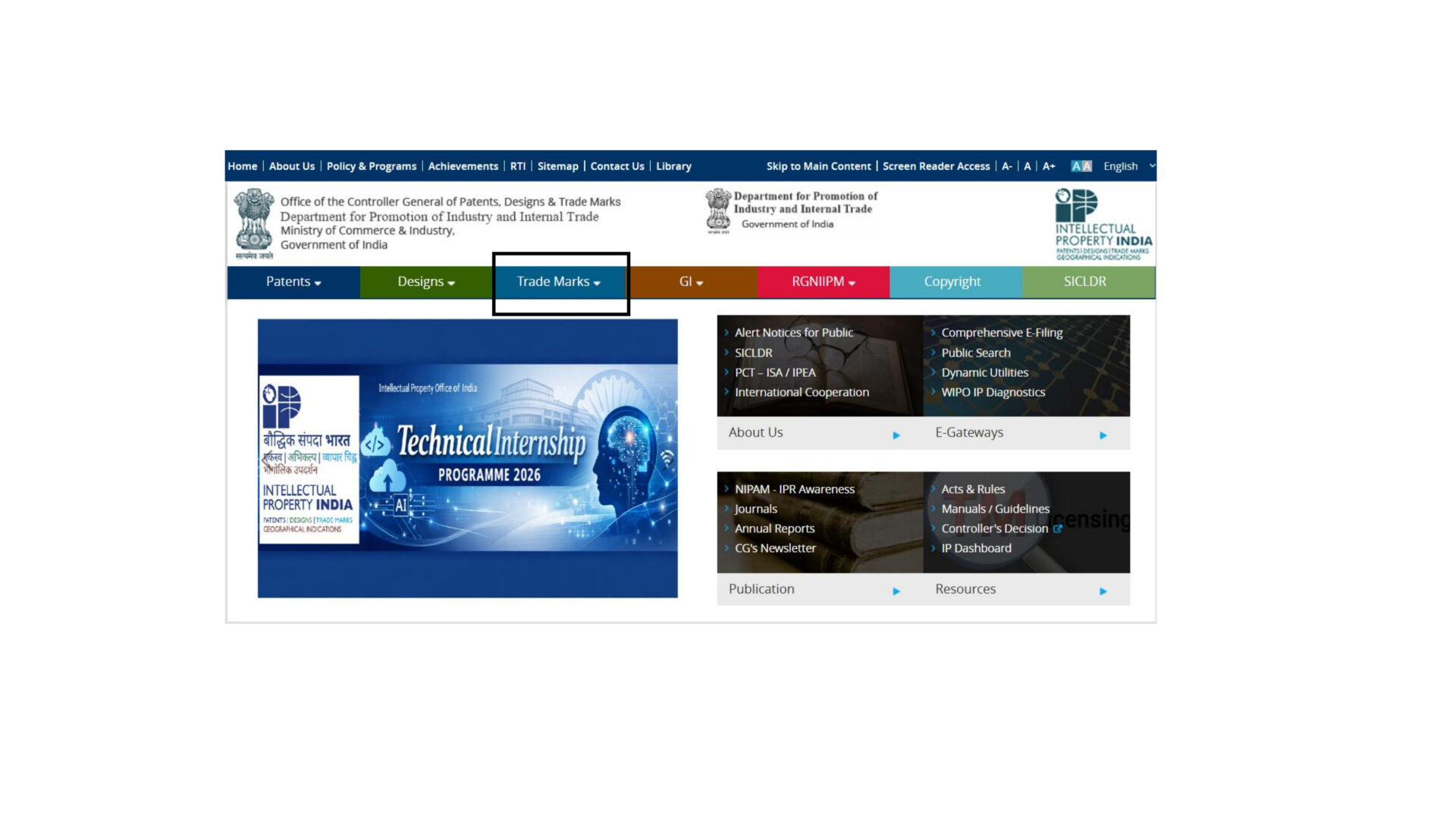 Screenshot of the IP India official website homepage highlighting the "Trade Marks" tab in the navigation menu for certificate download.