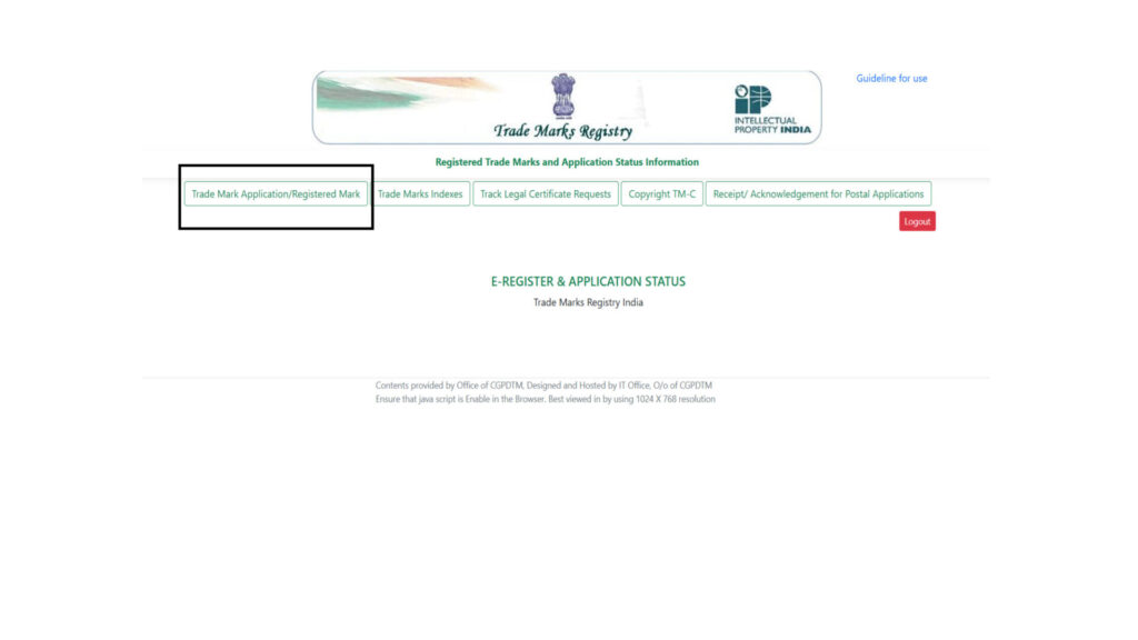 Screenshot of the Indian Trade Marks Registry e-register and application status portal showing navigation tabs for trademark applications and indexes.