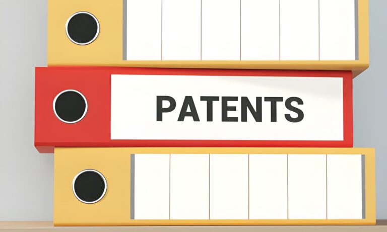 Infographic titled "How Do Big Companies Manage Many Patents?" featuring red and yellow binders and a four-point list on software, reviews, agents, and budgeting.