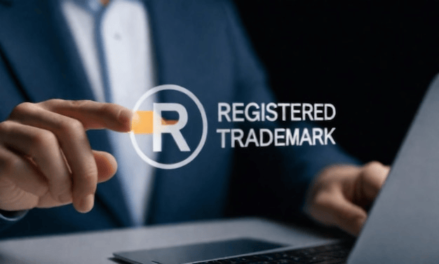 Infographic showing the step-by-step trademark registration process in India administered by the CGPDTM, featuring a professional person pointing to a registered trademark symbol.