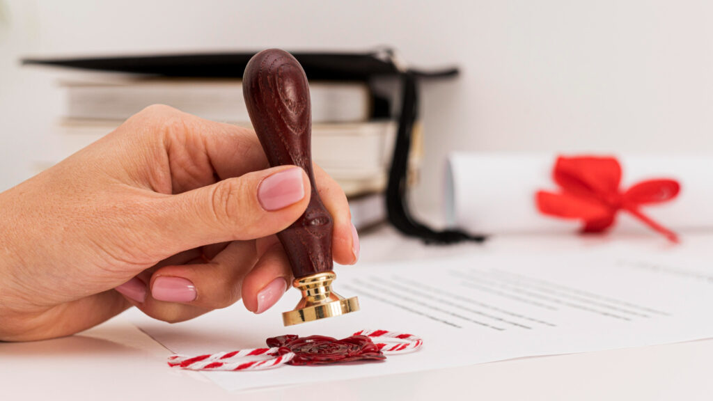 A hand using a wooden wax seal stamp on a legal document to represent trademark registration for foreigners in India.