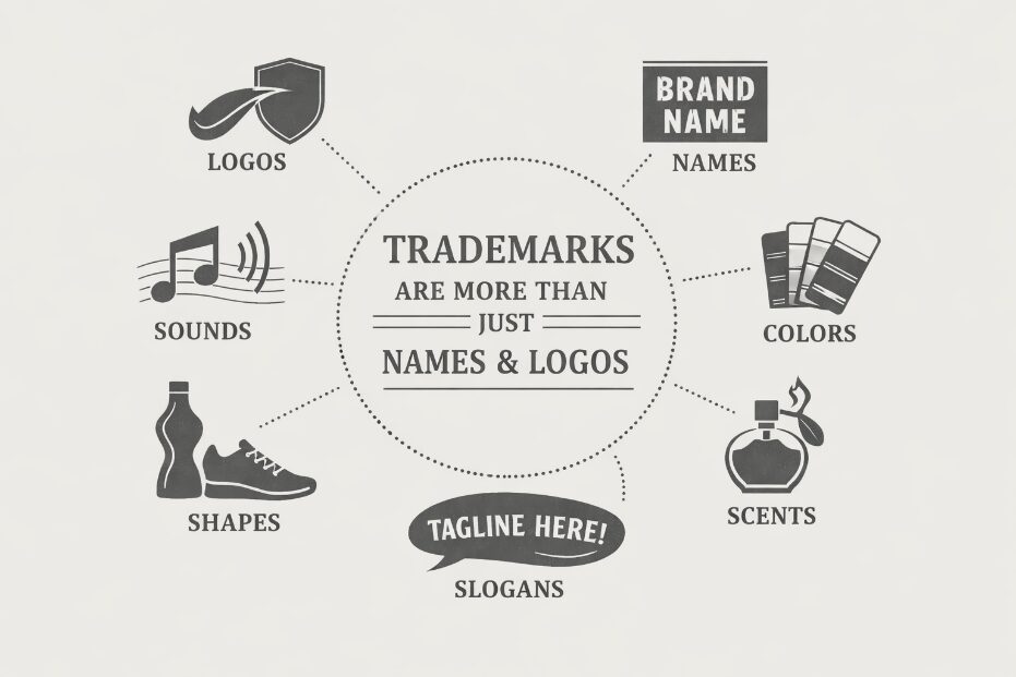 A diagram showing the 7 key elements of a trademark: logos, names, colors, scents, slogans, shapes, and sounds.