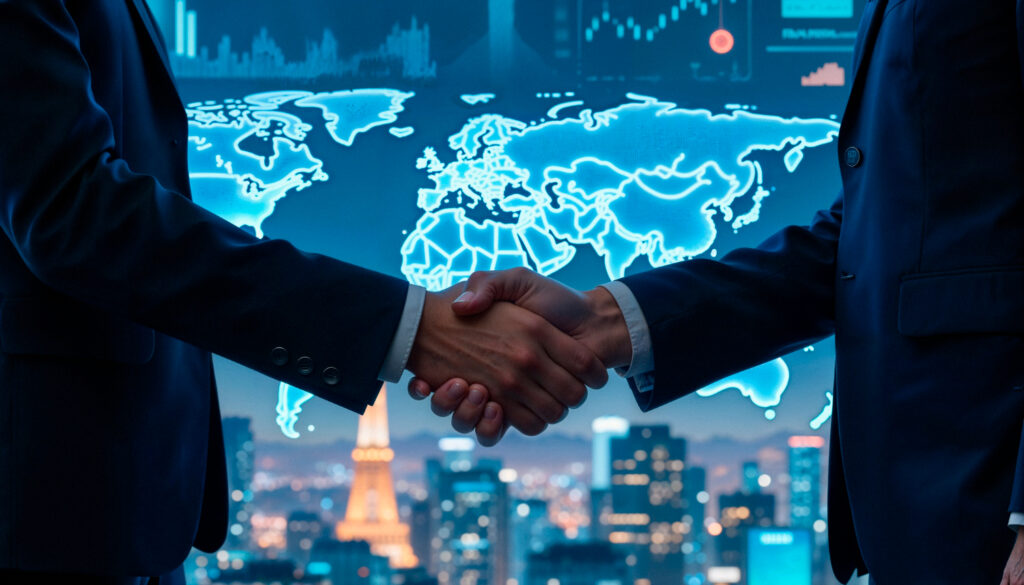 Illustration of the role of Freedom to Operate (FTO) in international markets showing a global map and business handshake.
