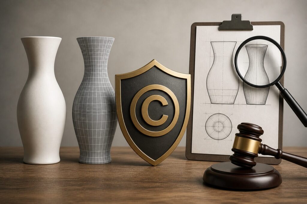 Copyright protection for product design with vases and legal symbols