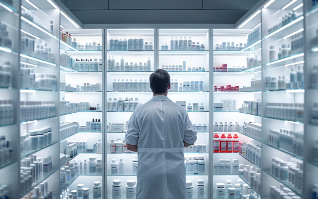 A pharmacist or researcher in a white lab coat stands facing a massive, brightly lit modern storage wall filled with pharmaceutical products and medicine bottles.